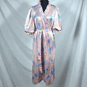 Vintage Barad & Co Pink Floral Satin Wrap Robe Woman Medium Puffy Sleeve Pockets